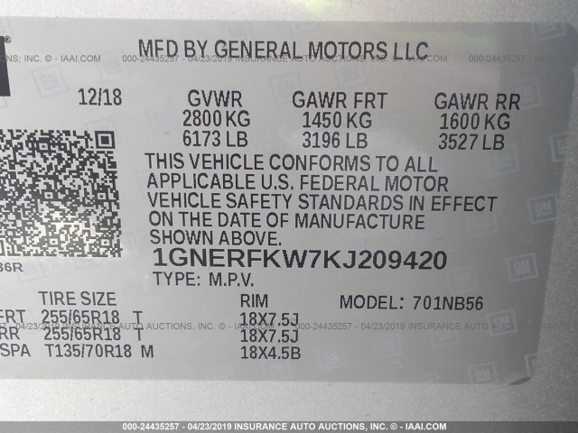 1GNERFKW7KJ209420 - 2019 CHEVROLET TRAVERSE SILVER photo 9