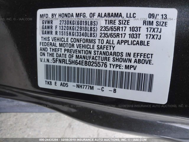 5FNRL5H64EB025576 - 2014 HONDA ODYSSEY EXL GRAY photo 9