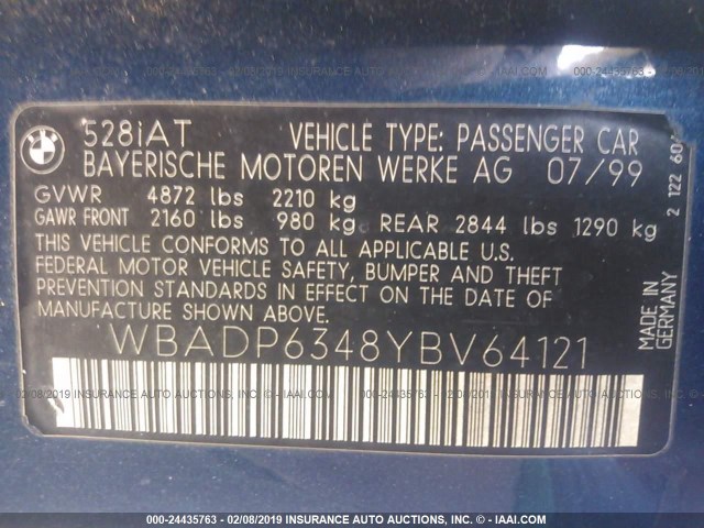 WBADP6348YBV64121 - 2000 BMW 528 IT AUTOMATIC BLUE photo 9