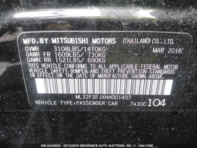 ML32F3FJXHH001407 - 2017 MITSUBISHI MIRAGE G4 ES Қара фото 9