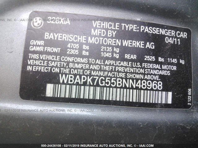 WBAPK7G55BNN48968 - 2011 BMW 328 XI GRAY photo 9