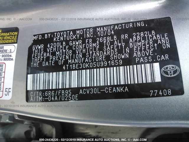 4T1BE30K05U991659 - 2005 TOYOTA CAMRY LE/XLE/SE SILVER photo 9