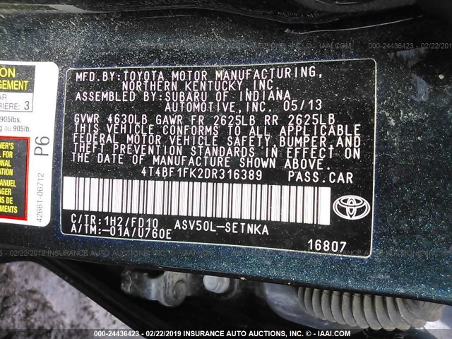 4T4BF1FK2DR316389 - 2013 TOYOTA CAMRY L/SE/LE/XLE 黑色 照片 9