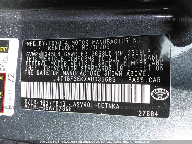 4T1BF3EKXAU035685 - 2010 TOYOTA CAMRY SE/LE/XLE 黑色 照片 9