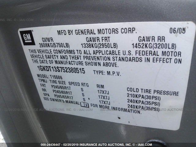 1GKDT13S752380515 - 2005 GMC ENVOY SILVER photo 9