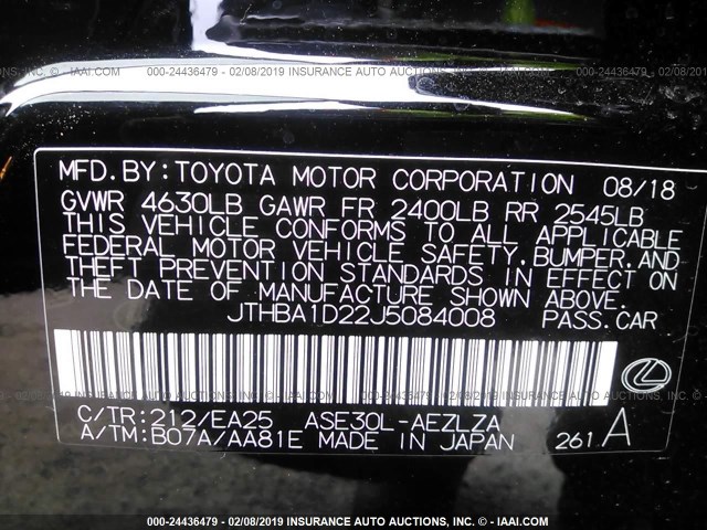 JTHBA1D22J5084008 - 2018 LEXUS IS 300 BLACK photo 9