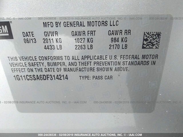 1G11C5SA6DF314214 - 2013 CHEVROLET MALIBU 1LT ვერცხლისფერი ფოტო 9