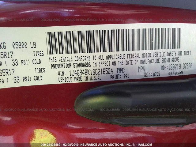 1J4GR48K16C216524 - 2006 JEEP GRAND CHEROKEE LAREDO/COLUMBIA/FREEDOM 红色 照片 9