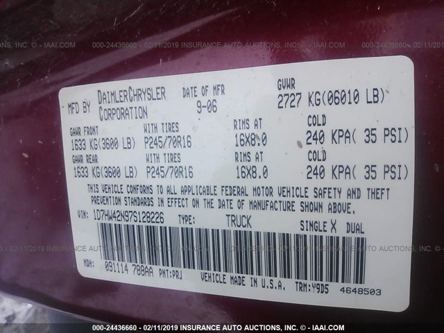 1D7HW42N97S128226 - 2007 DODGE DAKOTA SLT MAROON photo 9