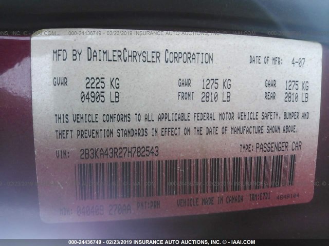 2B3KA43R27H782543 - 2007 DODGE CHARGER SE/SXT RED photo 9