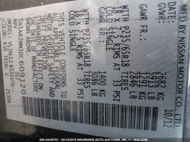 5N1AR2MM3DC609120 - 2013 NISSAN PATHFINDER S/SV/SL/PLATINUM GRAY photo 9