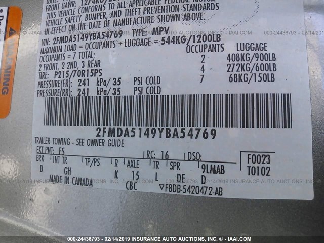 2FMDA5149YBA54769 - 2000 FORD WINDSTAR LX GRAY photo 9