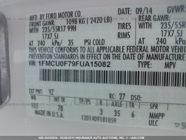 1FMCU0F79FUA15082 - 2015 FORD ESCAPE S WHITE photo 9