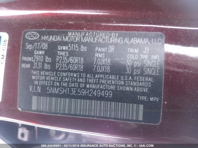 5NMSH13E59H249499 - 2009 HYUNDAI SANTA FE SE/LIMITED BURGUNDY photo 9