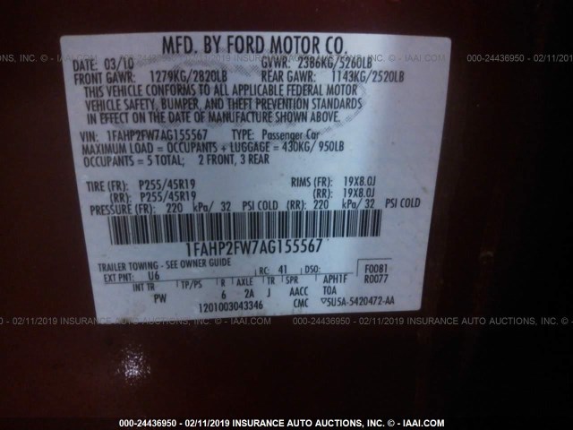 1FAHP2FW7AG155567 - 2010 FORD TAURUS LIMITED RED photo 9