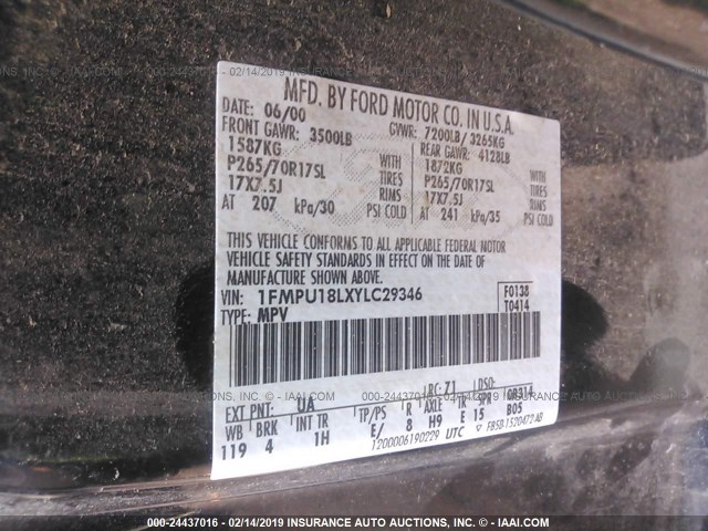 1FMPU18LXYLC29346 - 2000 FORD EXPEDITION EDDIE BAUER BLACK photo 9