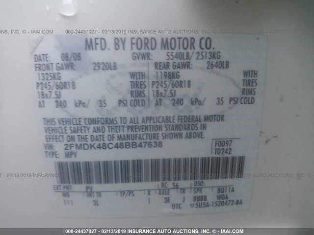 2FMDK48C48BB47638 - 2008 FORD EDGE SEL WHITE photo 9