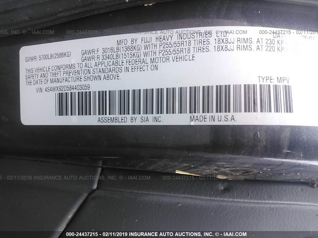 4S4WX92D584403059 - 2008 SUBARU TRIBECA LIMITED GRAY photo 9