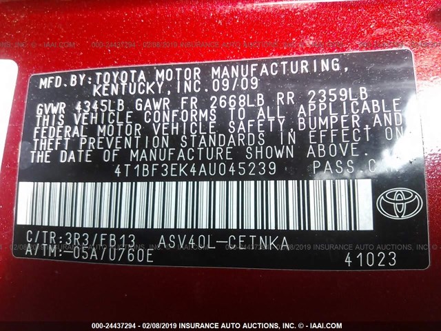 4T1BF3EK4AU045239 - 2010 TOYOTA CAMRY SE/LE/XLE 红色 照片 9