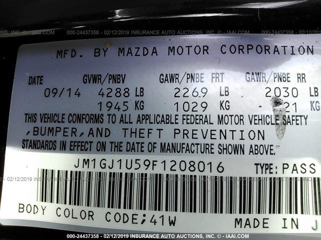 JM1GJ1U59F1208016 - 2015 MAZDA 6 SPORT BLACK photo 9