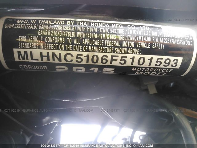 MLHNC5106F5101593 - 2015 HONDA CBR300 R BLACK photo 10