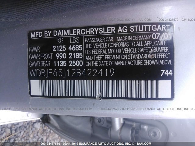 WDBJF65J12B422419 - 2002 MERCEDES-BENZ E 320 SILVER photo 9