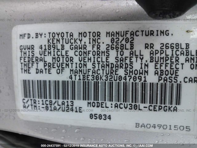 4T1BE30K32U047091 - 2002 TOYOTA CAMRY LE/XLE/SE SILVER photo 9