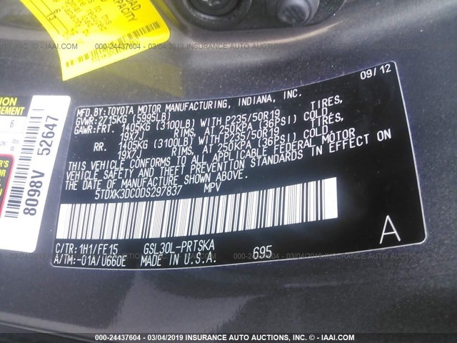 5TDXK3DC0DS297837 - 2013 TOYOTA SIENNA SPORT GRAY photo 9