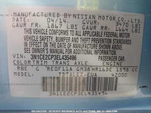 3N1CE2CP3EL435496 - 2014 NISSAN VERSA NOTE S/S PLUS/SV/SL BLUE photo 9