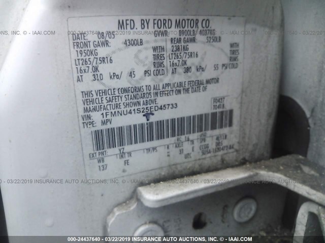 1FMNU41S25ED45733 - 2005 FORD EXCURSION XLT WHITE photo 9