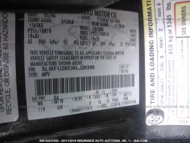 5LMFU28536LJ26296 - 2006 LINCOLN NAVIGATOR BLACK photo 9