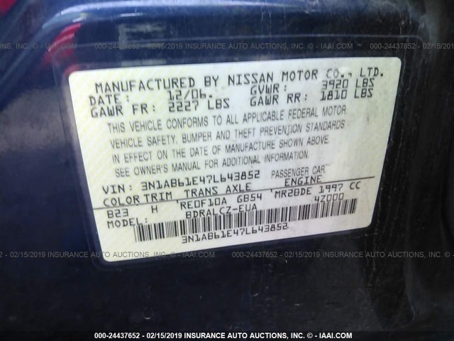 3N1AB61E47L643852 - 2007 NISSAN SENTRA 2.0/2.0S/2.0SL BLUE photo 9