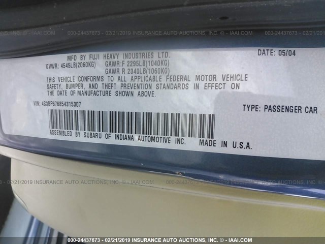 4S3BP676854315307 - 2005 SUBARU LEGACY GT LIMITED BLUE photo 9