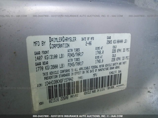 1D4HD38KX6F157042 - 2006 DODGE DURANGO SXT GRAY photo 9