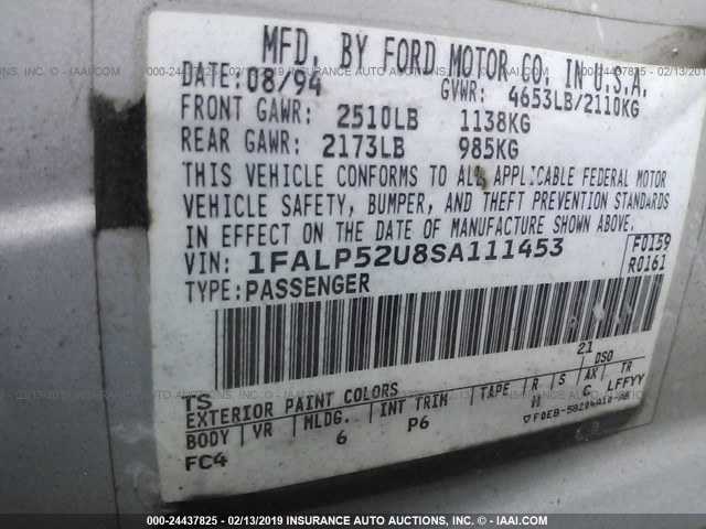 1FALP52U8SA111453 - 1995 FORD TAURUS GL/SE SILVER photo 9