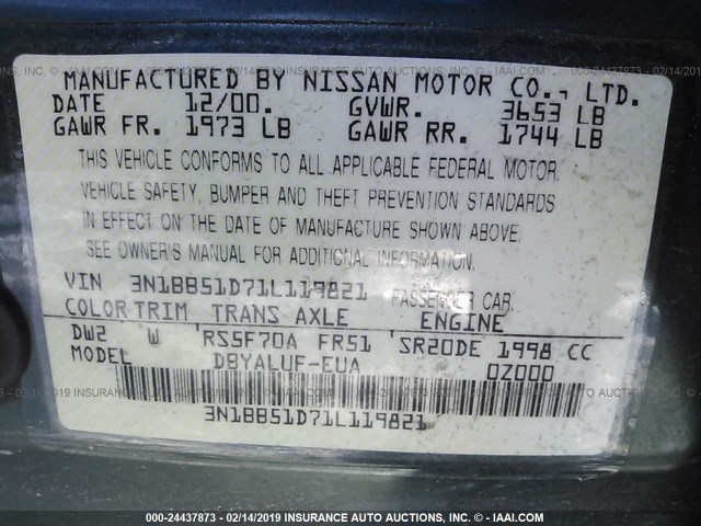 3N1BB51D71L119821 - 2001 NISSAN SENTRA SE GREEN photo 9