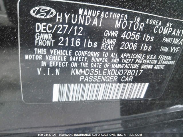 KMHD35LEXDU078017 - 2013 HYUNDAI ELANTRA GT BLACK photo 9