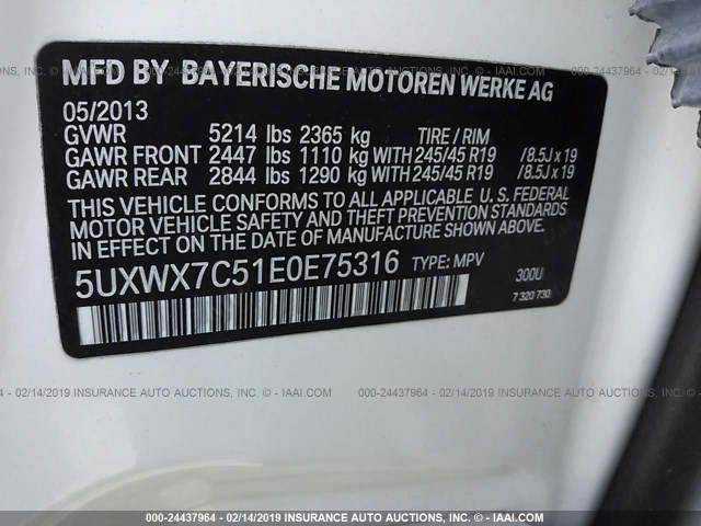 5UXWX7C51E0E75316 - 2014 BMW X3 XDRIVE35I WHITE photo 9