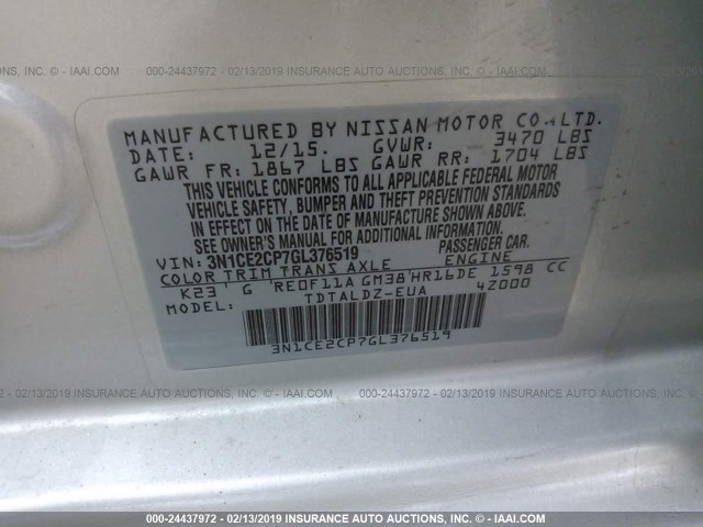 3N1CE2CP7GL376519 - 2016 NISSAN VERSA NOTE S/S PLUS/SV/SL/SR SILVER photo 9