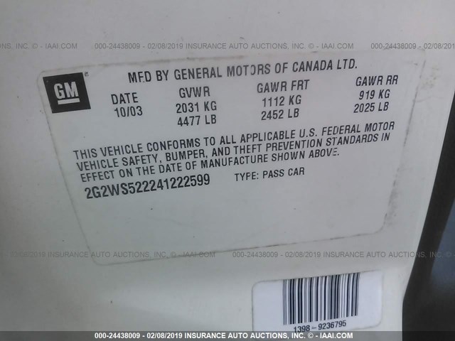 2G2WS522241222599 - 2004 PONTIAC GRAND PRIX GT2 თეთრი ფოტო 9