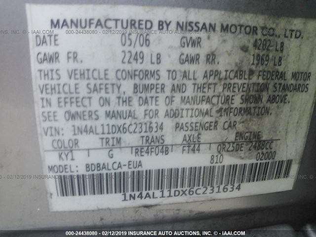 1N4AL11DX6C231634 - 2006 NISSAN ALTIMA S/SL SILVER photo 9