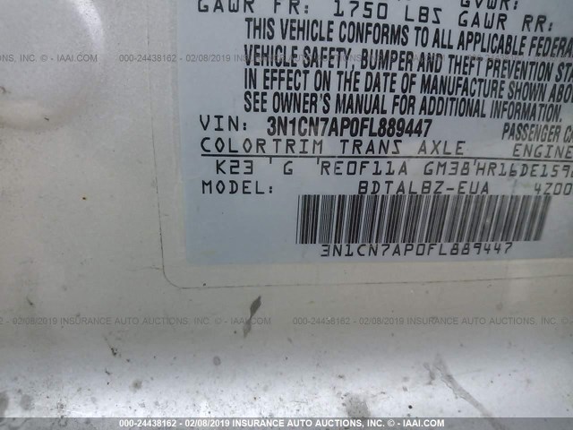 3N1CN7AP0FL889447 - 2015 NISSAN VERSA S/S PLUS/SV/SL SILVER photo 9