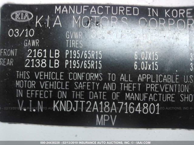 KNDJT2A18A7164801 - 2010 KIA SOUL WHITE photo 9