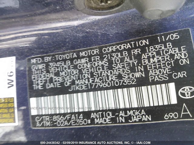 JTKDE177960107352 - 2006 TOYOTA SCION TC მუქი ლურჯი ფოტო 9