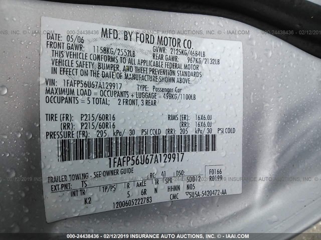 1FAFP56U67A129917 - 2007 FORD TAURUS SEL SILVER photo 9