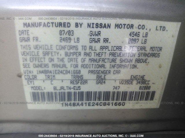 1N4BA41E24C841660 - 2004 NISSAN MAXIMA SE/SL GOLD photo 9