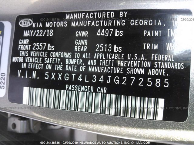 5XXGT4L34JG272585 - 2018 KIA OPTIMA LX/S GRAY photo 9