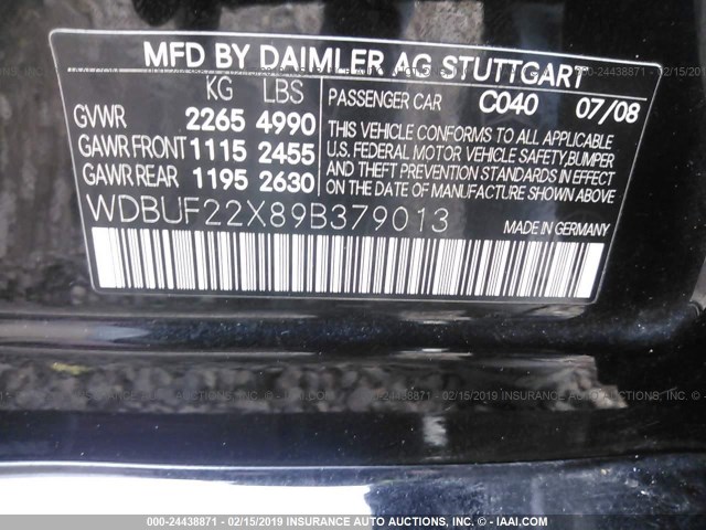 WDBUF22X89B379013 - 2009 MERCEDES-BENZ E 320 CDI BLACK photo 9