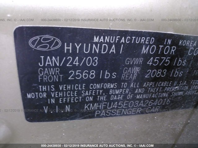 KMHFU45E03A264016 - 2003 HYUNDAI XG 350 GOLD photo 9