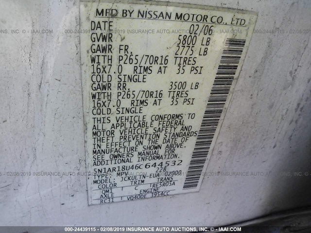 5N1AR18U46C644532 - 2006 NISSAN PATHFINDER LE/SE/XE WHITE photo 9